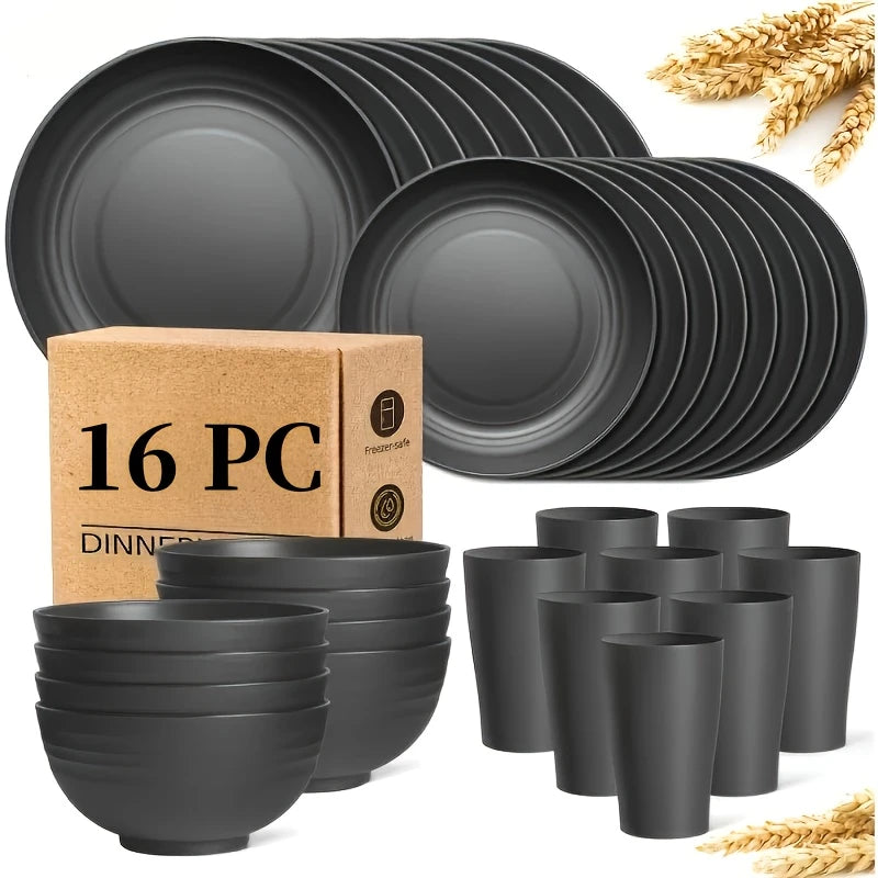 16pcs Kitchen Wheat Straw Large Size Dinnerware Set, Service For 4, Unbreakable Modern
